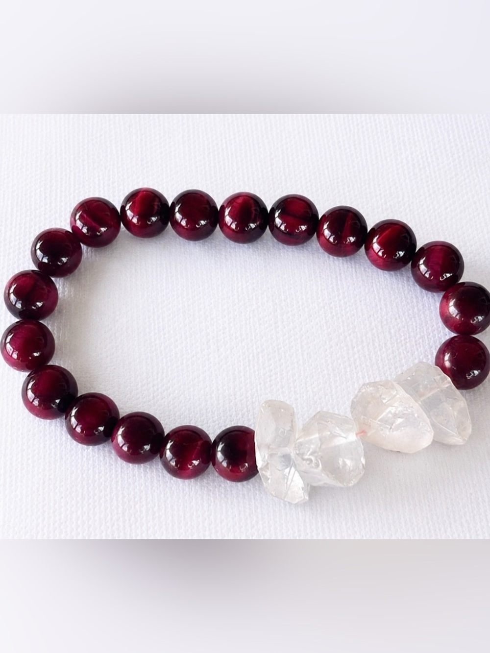 Handmade Red Tiger’s Eye Raw Clear Quartz Stretch Gemstone Bracelet Boho Crystal